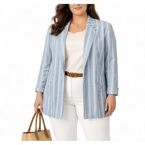 New! CHICO'S Size 4 (US 20) Indigo Chambray Stripe Open Blazer Jacket Coastal